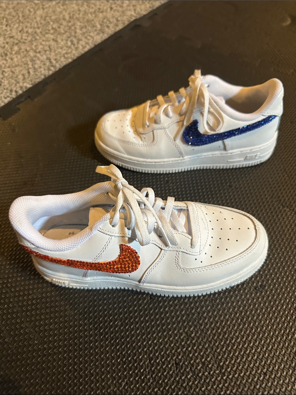 Nike White Air Force 1 Sneakers with Orange & Blue Crystal Swooshes